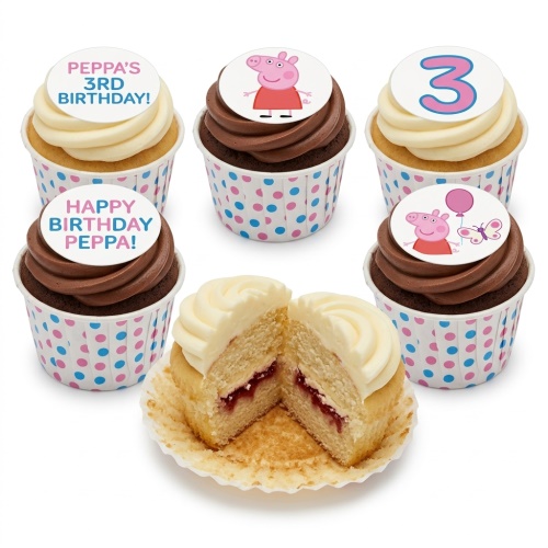 Peppa Pig birthday cupcakes with character toppers and custom age number.