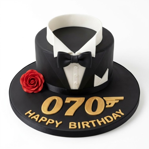 Black tuxedo themed birthday cake with white shirt, bow tie, red rose, and custom age numbers.