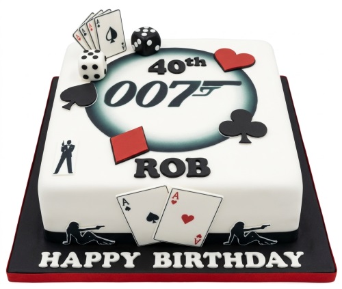 Square James Bond 007 casino theme birthday cake with playing cards, dice, spy silhouettes, and a custom age topper.