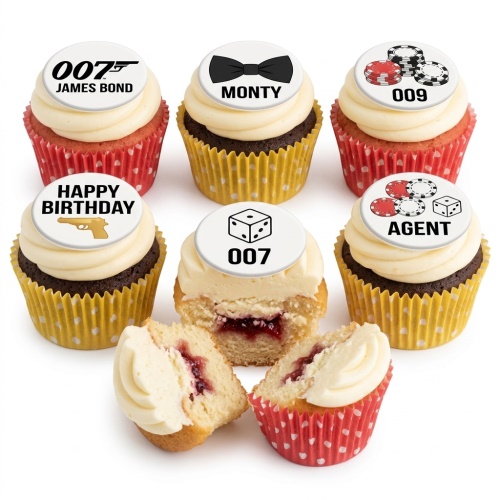 Six 007 James Bond theme cupcakes with white buttercream and edible toppers. Toppers show 007 logo, bow tie, poker chips, dice, and a pistol.
