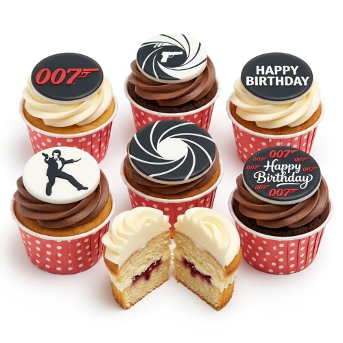 Six 007 James Bond themed cupcakes with black, white, and red edible toppers, including the 007 logo, gun barrel, and Bond silhouette.
