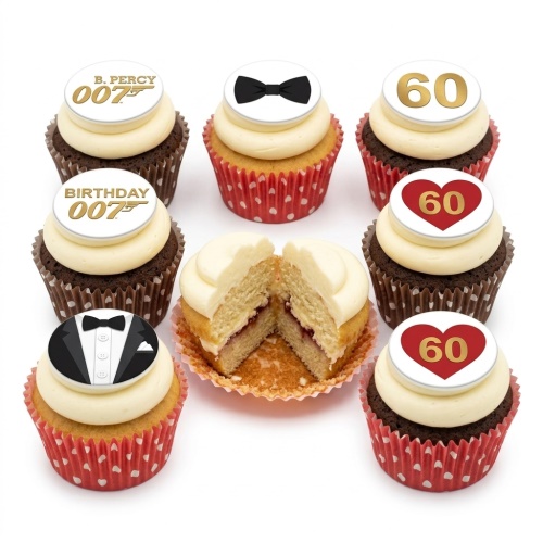 007 themed birthday cupcakes with bow tie, tuxedo, and custom age toppers.
