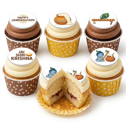 Janmashtami themed cupcakes with Baby Krishna, butter pot, flute, and festival messages.