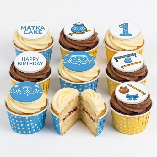 Janmashtami theme birthday cupcakes with matka pots, flutes, and custom age topper.