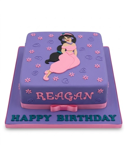 Purple square birthday cake with Princess Jasmine fondant, pink flowers, and a personalised message.