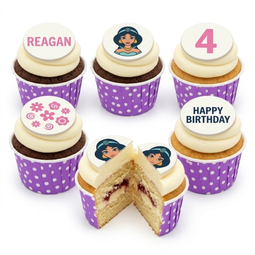 Jasmine Princess themed cupcakes with custom age and name toppers, in purple polka dot wrappers.