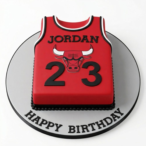 Red and black basketball jersey cake with a bull logo and number, on a white board with "Happy Birthday".