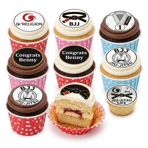Brazilian Jiu-Jitsu themed cupcakes with white and chocolate frosting, featuring BJJ belt, gi, and custom message toppers.