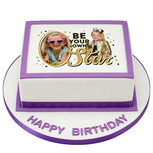 Square white cake with purple trim, Jojo Siwa edible image, "Be Your Own Star" text, and a custom photo slot.