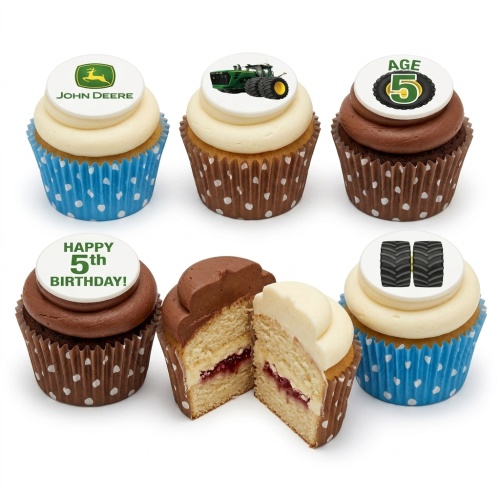 John Deere tractor themed cupcakes with green and yellow toppers, custom age, and tire designs.