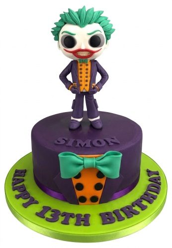 Round purple and green Joker theme birthday cake with Funko Pop-style topper and custom age.