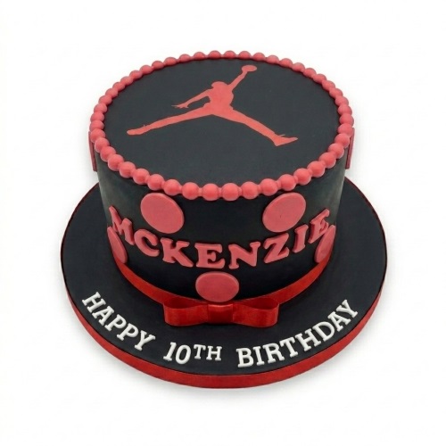 Black and red Jordan Jumpman birthday cake with personalised name and custom age.
