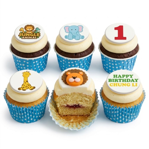 Jungle animal themed cupcakes with lion, elephant, giraffe toppers and custom age/message examples, in blue polka dot cases.