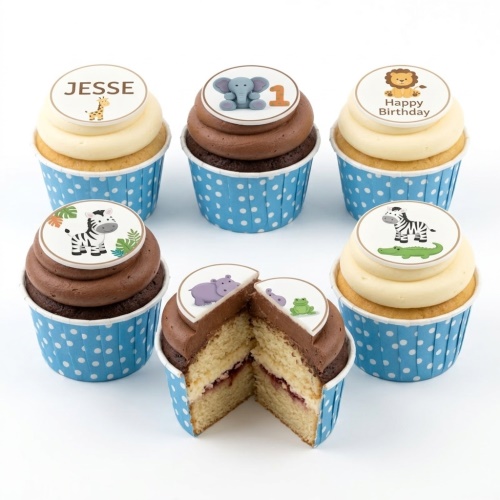 Set of jungle animal themed birthday cupcakes with safari animal toppers and custom age/name options.