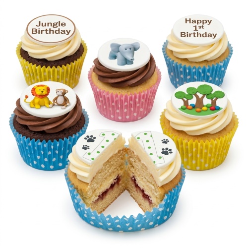 Assorted jungle animal and tree themed cupcakes with "Jungle Birthday" and "Happy 1st Birthday" messages, and a number 1.