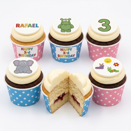 Kids birthday cupcakes with animal toppers, including hippo and elephant, and custom age/name options.