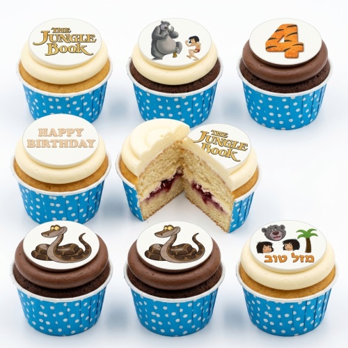 The Jungle Book themed cupcakes with Baloo, Mowgli, Kaa, and custom age topper.