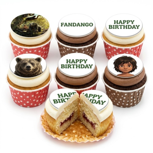 Jungle Book themed birthday cupcakes with Mowgli and Baloo edible toppers