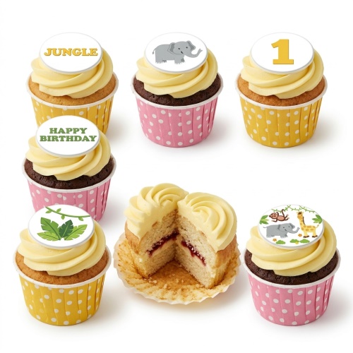 Jungle themed cupcakes with safari animals, leaves, and a custom age topper.