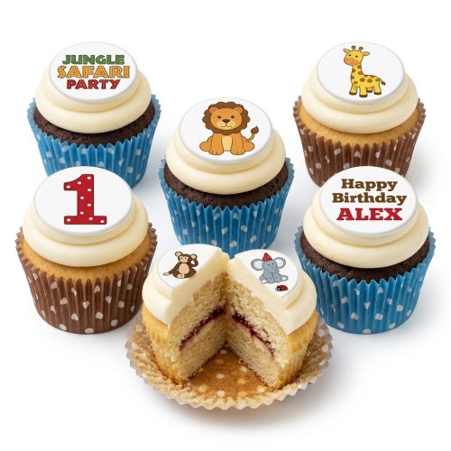 Jungle safari animal cupcakes with lion, giraffe, monkey, elephant, and custom age topper.