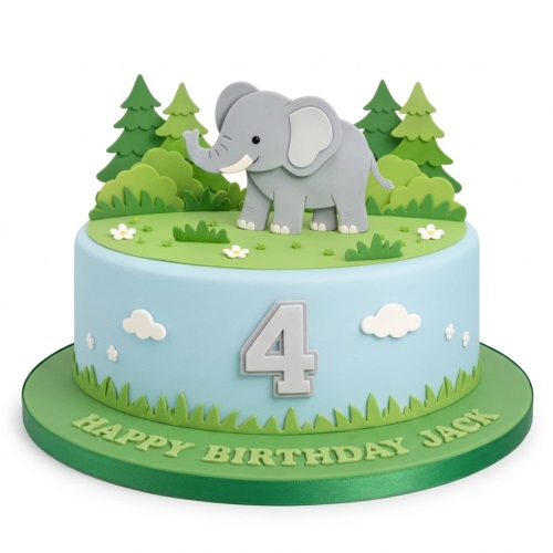 Round blue birthday cake with 3D elephant, green trees, bushes, and white clouds. Features a custom age number and personalised message.