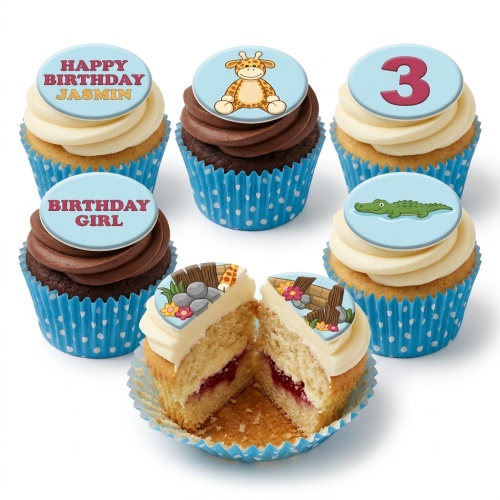 Jungle animal themed cupcakes with giraffe, crocodile, and custom age toppers.