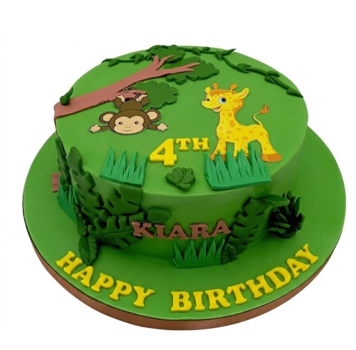 Green two-tier jungle theme birthday cake with monkey, giraffe, leaves, and custom age.
