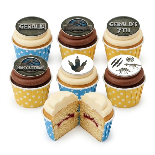 Jurassic Park themed birthday cupcakes with dinosaur logos, footprints, and skeletons.