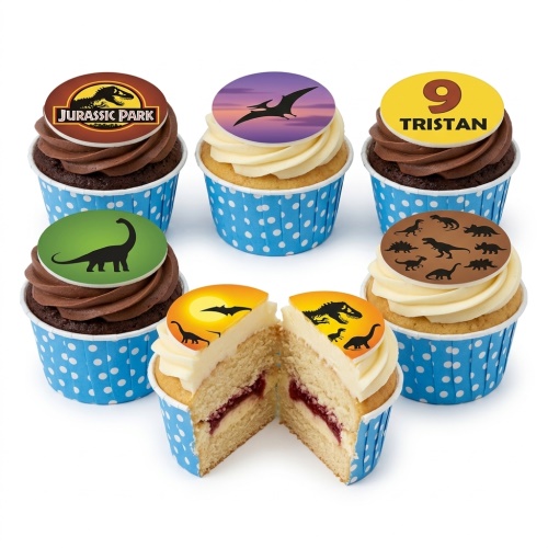Dinosaur themed cupcakes with various dinosaur toppers, including Jurassic Park logo and custom age option.