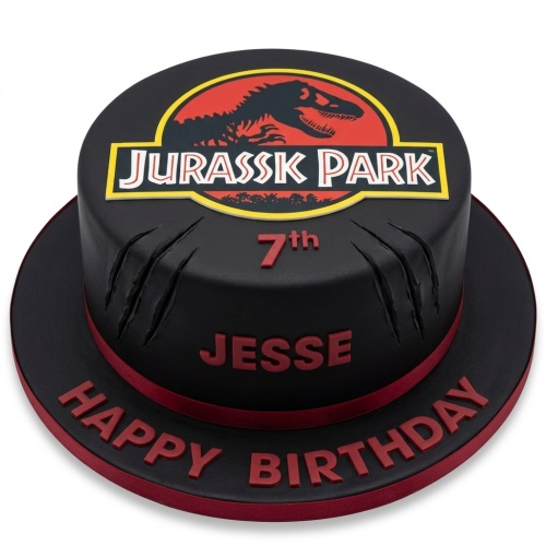 Round black Jurassic Park birthday cake with red claw marks, custom age topper, and personalised name.