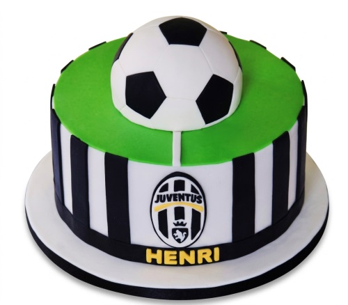 Round Juventus football birthday cake with black and white stripes, green top, club logo, and a 3D football.