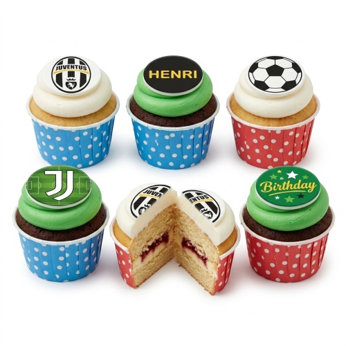 Juventus football themed birthday cupcakes with club logos, a football, and a personalised name topper.