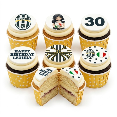 Juventus football themed cupcakes with club logo, female fan, bow, and custom age topper.