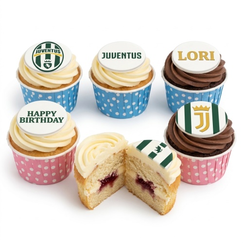 Juventus football club themed birthday cupcakes with white and chocolate frosting, blue and pink polka dot cases.