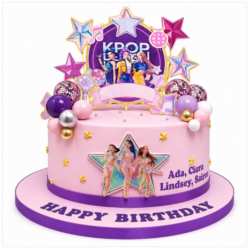 Pink K-Pop themed birthday cake with girl band characters, disco balls, stars, and a custom message.