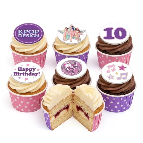 K-Pop themed birthday cupcakes with disco ball, music notes, K-Pop design, and custom age topper.
