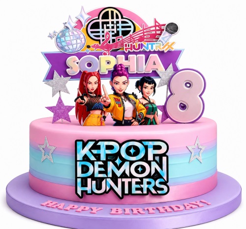 Pink and blue K-Pop Demon Hunters birthday cake with characters and custom age topper.