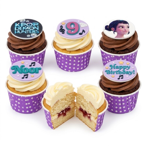 K-Pop Demon Hunters themed cupcakes with character, logo, music notes, custom age topper, and personalised name.