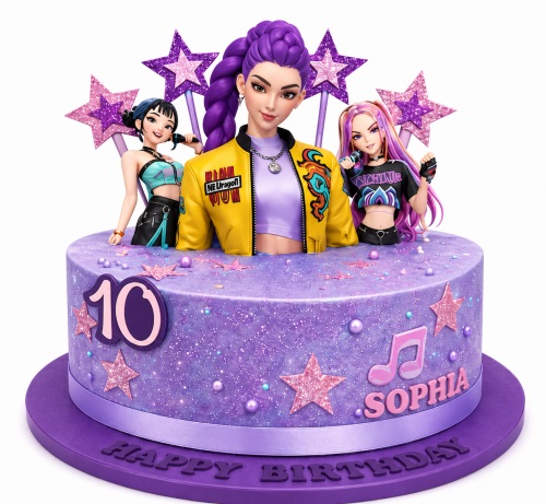 Round purple glitter cake with three pop star figurines, stars, musical note, and custom age topper.