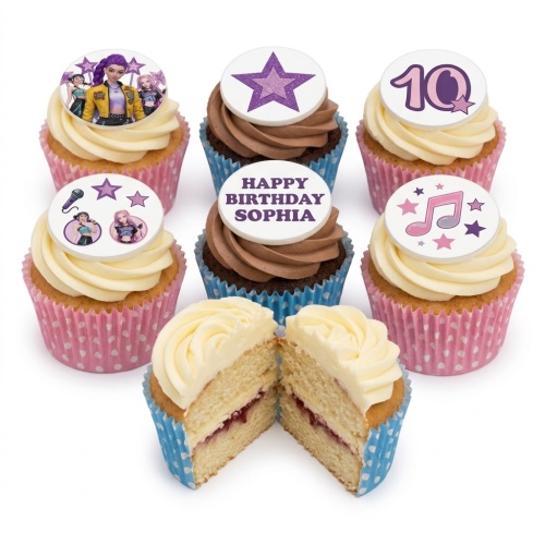 Pop star themed birthday cupcakes with musical notes, stars, and girl band character toppers.