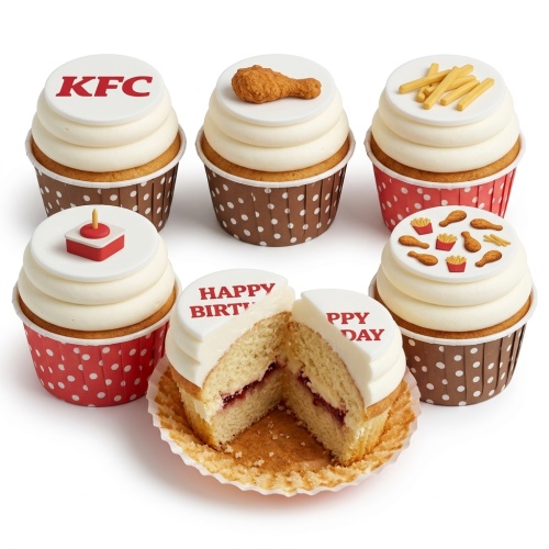 Birthday cupcakes with KFC logo, fried chicken, french fries, and a red gaming controller topper.