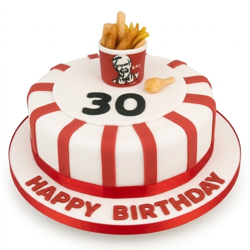 White and red striped birthday cake with KFC bucket, fries, chicken drumstick, and custom age topper.