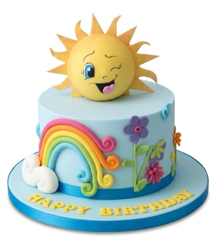 Round blue birthday cake with a winking sun, rainbow, and colourful flowers.