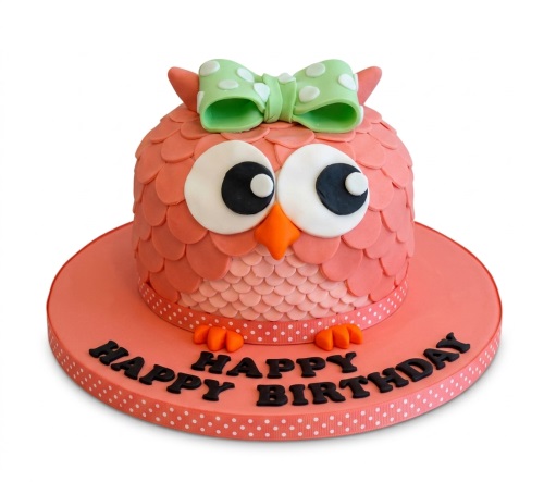 Pink owl birthday cake with a green polka-dot bow and 'Happy Birthday' message on the board.