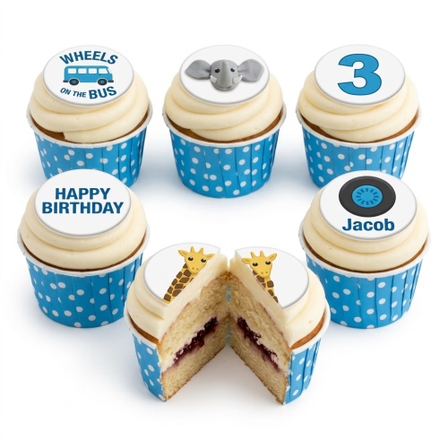 Set of six kids birthday cupcakes with animal, bus, custom age, and happy birthday toppers.