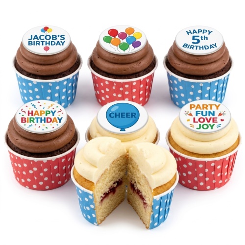 Six birthday cupcakes with chocolate and vanilla frosting, topped with balloons, confetti, and custom age/name messages in red and blue polka dot cases.