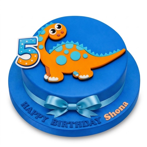 Round blue cake with an orange dinosaur and a blue custom age topper.