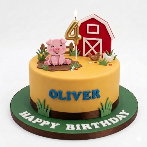 Round yellow cake with fondant farm animals, red barn, custom age candle, and personalised name.