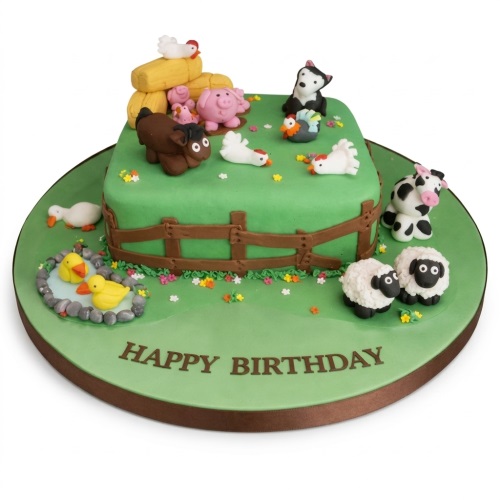 Square green farm animals birthday cake with fondant pigs, horse, cow, sheep, chickens, ducks, hay bales, and a fence.