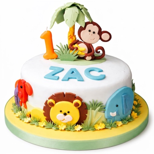 White round cake with jungle safari animal decorations including a monkey, lion, elephant, and parrot, with a custom age candle and personalised name.